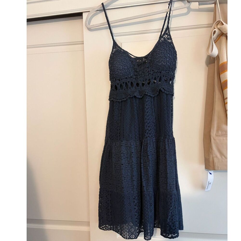 Made in Italy Cotton Crochet Navy blue summer sundress lined with bra cups Small